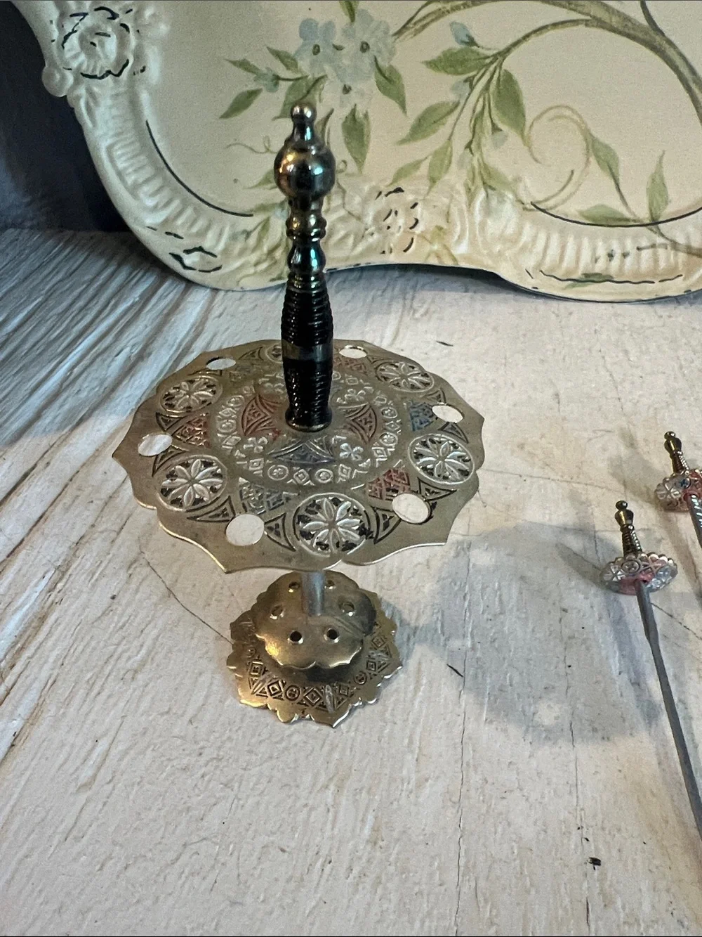 Vintage Mid-Century Barware Decorative Skewer Stand with Sword Picks -